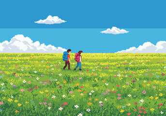 A scenic pixel art landscape depicting a couple's hiking journey through an endless field of colorful wildflowers on a sunny day with a blue sky