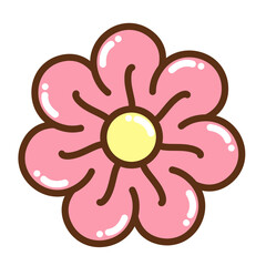 Cute pink cartoon flower with yellow center and thick brown outline, simple and charming illustration