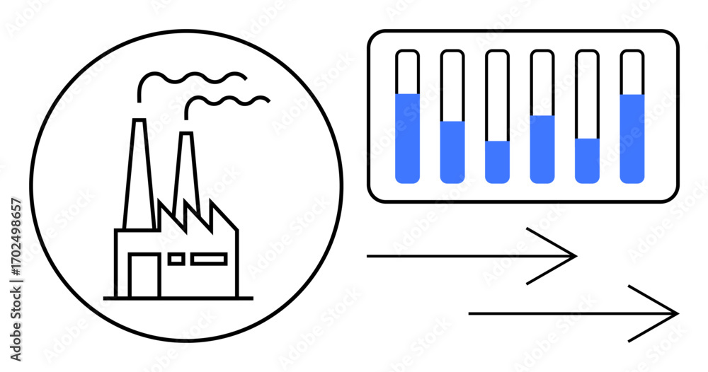 Aufkleber smoke-emitting factory, bar chart representing data analysis next to arrows indicating process flow.