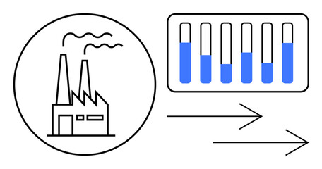 Smoke-emitting factory, bar chart representing data analysis next to arrows indicating process flow. Ideal for production, efficiency, analysis, pollution, progress tracking, manufacturing, simple