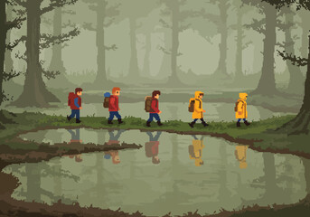 Misty Forest Hiking Adventure A Pixel Art Journey