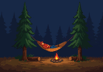 A pixel art illustration of a person relaxing in a hammock by a campfire after a long day of hiking in the wilderness at night