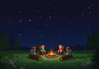 A group of friends gathered around a warm bonfire under a starry night sky, resting after a long day of hiking in the wilderness