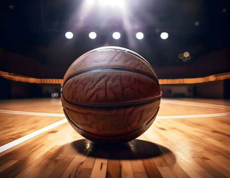 An image of a basketball on a hardwood court under bright lights.