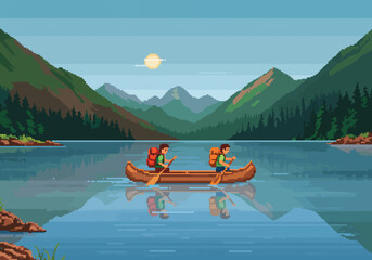 Pixelated illustration of two hikers paddling a canoe on a serene lake surrounded by mountains, enjoying hiking adventure