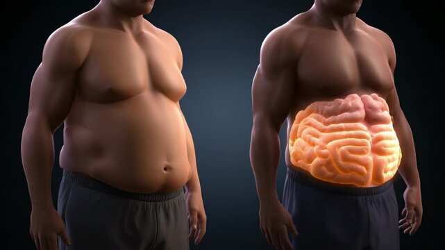 Comparison of overweight man with belly fat and fit muscular man with visible intestines concept of weight loss healthy lifestyle fitness transformation digestion and body fat reduction