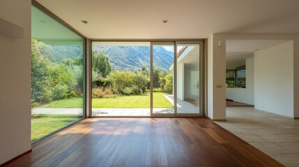 Obraz premium Bright Modern Interior with Expansive Windows Overlooking Lush Green Garden and Distant Mountain Range