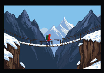 Pixel art of a lone hiker crossing a suspension bridge over a snowy mountain gorge, showcasing an adventurous journey into the wilderness