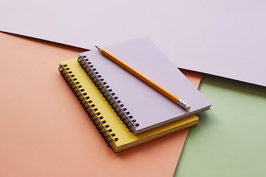 Two spiral bound notebooks stacked with a pencil on top on a pastel background - Powered by Adobe