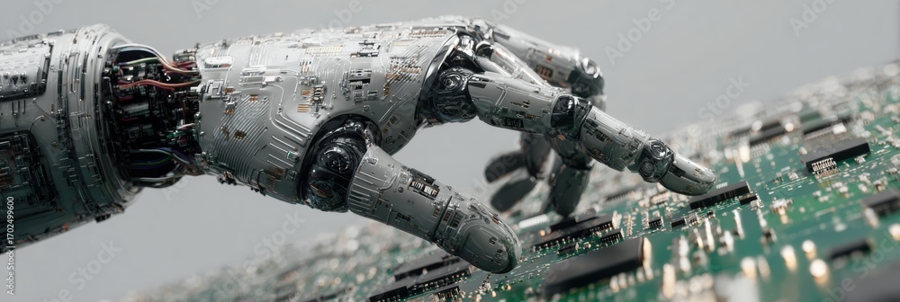 Aufkleber detailed robotic hand interacting with microchips on a circuit board, showcasing advanced technology