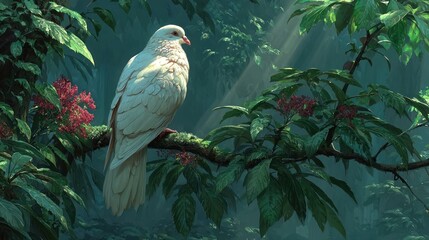 A lush forest clearing with a single beam of sunlight illuminating a white dove on a branch