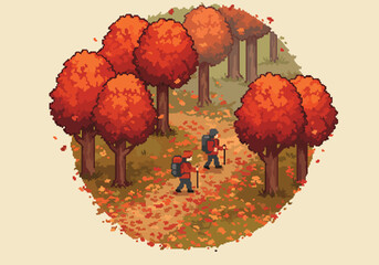 Two people with backpacks enjoying a peaceful hiking adventure through a beautiful autumn forest in a charming retro pixel art style