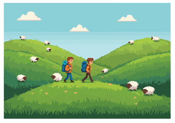 Two friends embark on a scenic pixel art hiking adventure across rolling green hills, dotted with peaceful grazing sheep, under a bright blue sky