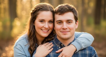 Obraz premium Young caucasian couple smiling in sunlit forest: warm expressions and cozy denim style