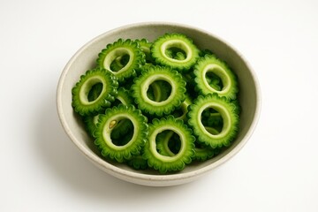 A bowl of sliced bitter melon, a vibrant green vegetable, on a white background.