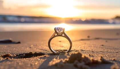 A diamond ring sits in the sand at sunset, waves crash in the distance, the ring's brilliance catches the light