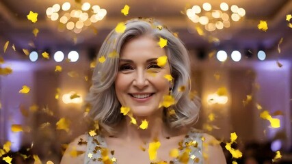 Elegant woman smiles as gold confetti falls. Perfect for celebrating milestone birthdays, New Year's Eve, anniversaries, and retirement parties. Luxury, celebration, elegance. - Powered by Adobe