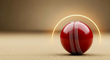 Minimalist Red Cricket Ball with White Seam Stitching on Textured Beige Pitch