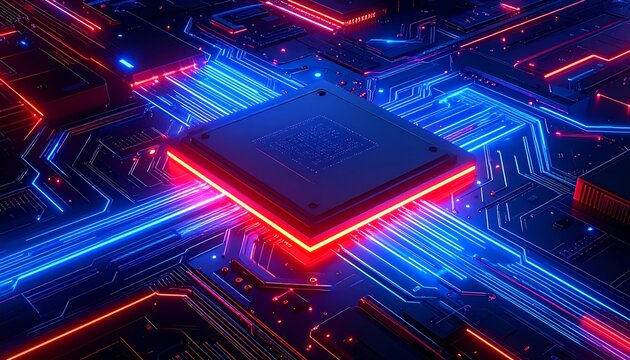 A close-up 3D render of a central processing unit (CPU) or similar semiconductor, with vibrant red and blue neon lighting