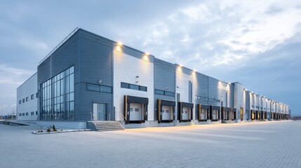 Modern Distribution Center Exterior with Loading Docks at Dusk, Showcasing Logistics and Supply Chain Infrastructure