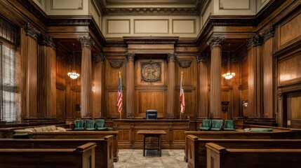 Classic Courtroom Interior with Wooden Paneling, American Flag, and Empty Seats