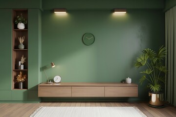 Modern living room with green walls and a floating wooden media console