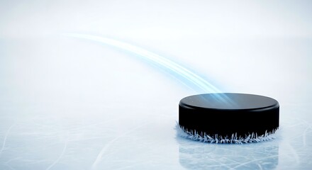 Sleek Black Hockey Puck on Reflective Icy Surface