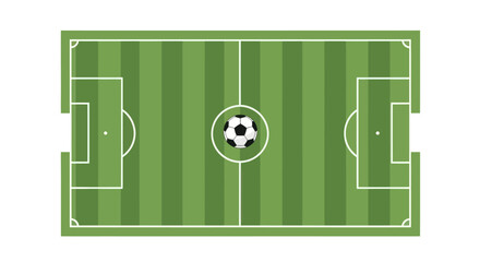 Top view of a green soccer field with a black and white football at the center. © Leo