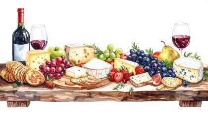 Watercolor cheese board with wine and fruit
