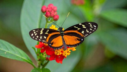 Fototapeta premium A colorful butterfly with patterned wings rests on vibrant red and yellow flowers, surrounded by lush green foliage