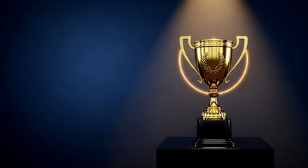 Golden Sports Trophy on Black Pedestal with Warm Spotlight, Navy Gradient Copy Space