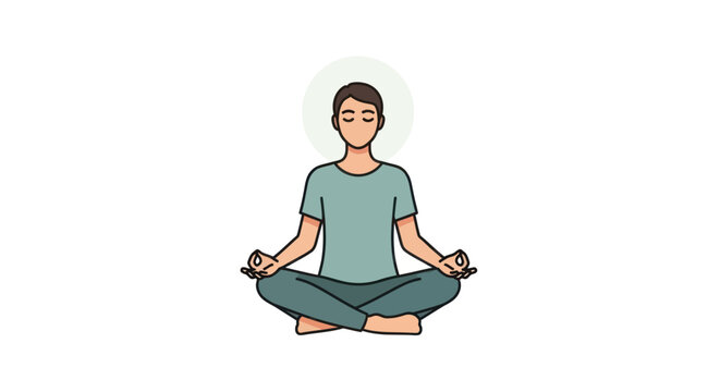 Peaceful cartoon man meditating in lotus pose practicing mindfulness and relaxation.