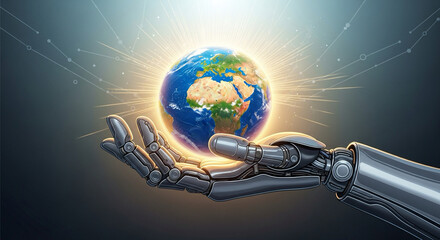 Illustration of prosthetic hand holding globe, empowerment and ability theme