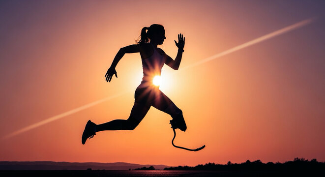 Silhouette of athlete with prosthetic leg running, empowerment and strength - Powered by Adobe