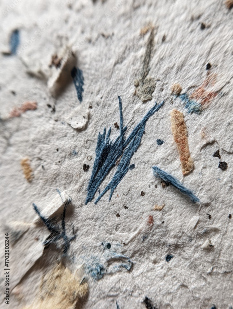 Poster close-up view of colorful paper fibers and textures on handmade paper, showcasing natural materials 