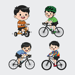 Set of Happy Boys Riding Bicycles and Tricycles