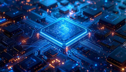 Obraz premium A close-up, futuristic view of a circuit board with a glowing central processor, emitting blue and orange lights