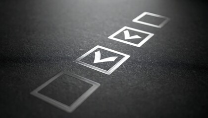 A close-up, grayscale image shows checklist boxes on a textured surface. One box is checked with a white V