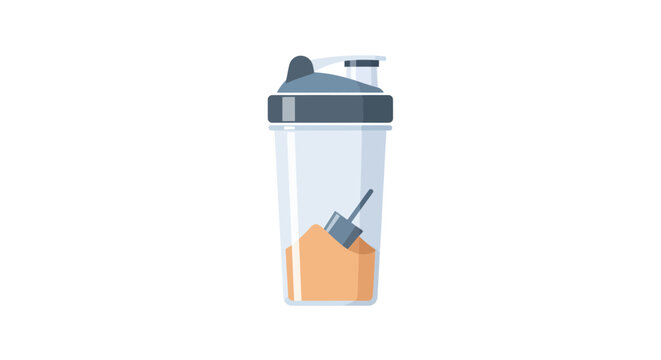 Clear plastic shaker bottle with orange protein powder and scoop for fitness supplements.