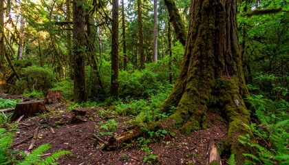 Lush forest floor with moss-covered trees