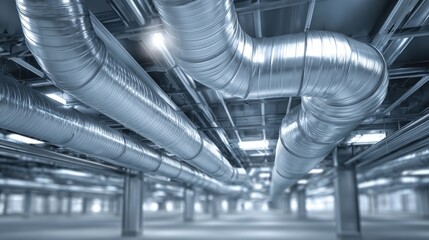 Fototapeta premium Industrial Ventilation System with Metal Ductwork and Pipelines for HVAC in Modern Building Infrastructure