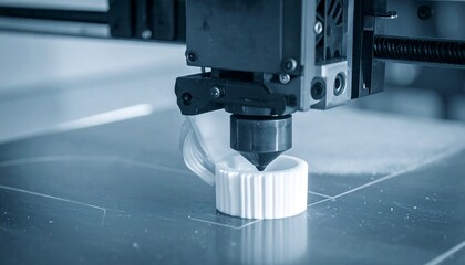 A close-up of a 3D printer in operation, extruding layers of white material to create a small, cylindrical object