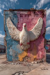 A minimalist peace mural painted on a crumbling wall