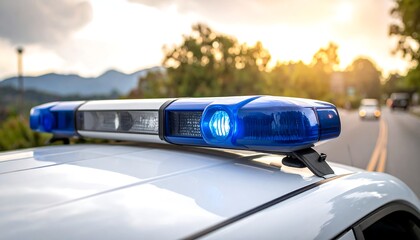 Obraz premium A close-up of a car's roof, featuring flashing blue lights against a blurred road and sunset sky. Mountains and trees are in the background