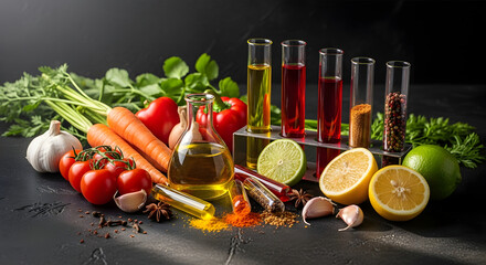 A vibrant still life composition featuring fresh vegetables, herbs, spices, and liquids in test tubes, suggesting a connection between natural ingredients and scientific analysis.
