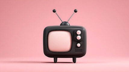 Retro black TV with bunny ear antennas on a solid pink background in a cartoon style.