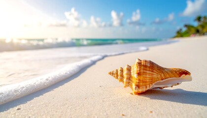 A close-up of a conch shell on a sandy beach with waves washing ashore under a sunny sky