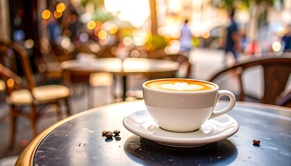 A cup of coffee sits on a table, a cafe scene with blurred background, sunshine and coffee beans