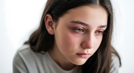 Young woman with a sad expression, looking down, close-up portrait.