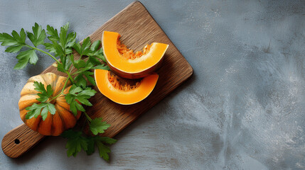 Freshly cut pumpkin slices with green parsley on wooden board ready for cooking in autumn kitchen setting
